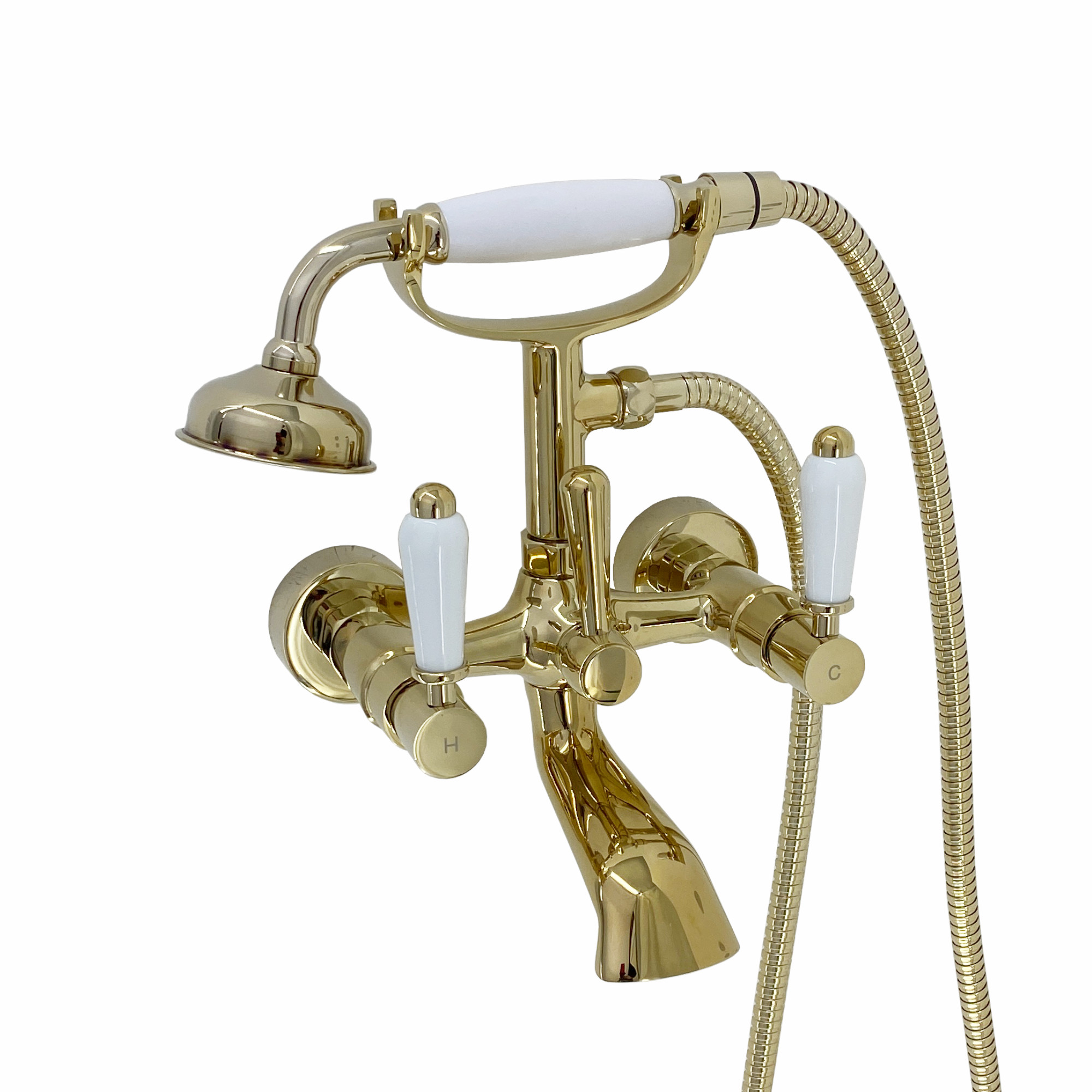 ENKI, Downton, BT0610 Wall Mounted Bath Shower Mixer Tap White Levers Gold